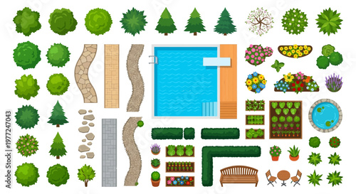 Aerial view of a landscaped garden with a swimming pool and trees