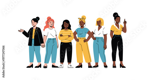 Diverse group of women of different ethnicities and styles standing together in a row against a plain white background.