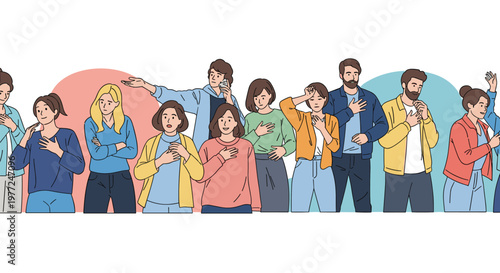 Crowd of diverse people expressing various emotions such as surprise concern and shock while standing together in line.