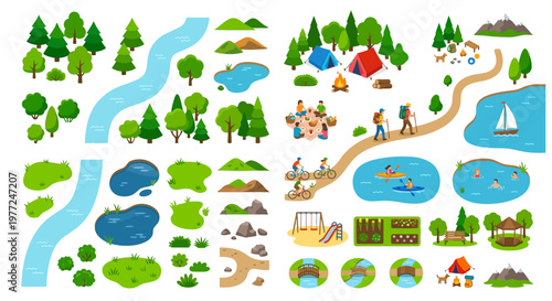 Colorful cartoon illustration of outdoor recreational activities and landscape elements