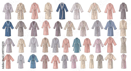 Large collection of various bathrobes in different colors and patterns organized in a neat grid for shopping selection.