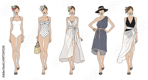 Set of five fashion sketches showing women in different stylish swimwear cover ups and summer dresses with accessories.