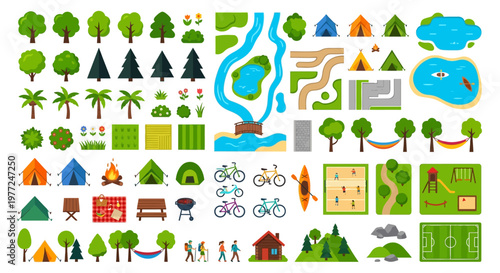 Colorful vector illustration of various outdoor elements for landscape design