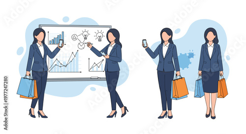 Modern businesswoman character set showing her presenting data on a whiteboard using smartphone and carrying shopping bags.