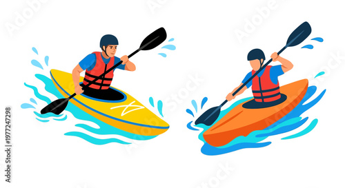 Two kayakers paddling on water depicted in a vibrant illustration