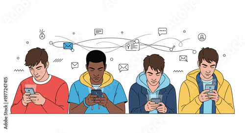 Group of four young men focused on their smartphones with various social media and communication app icons floating above.