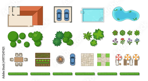 Aerial view of a house pool garden and landscape elements