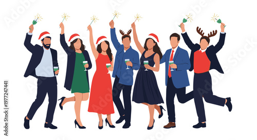 Group of happy young people celebrating a Christmas or New Year party wearing santa hats and reindeer antlers with drinks.