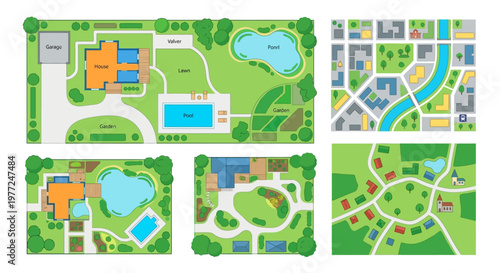 Architectural plans showcasing various residential property layouts and garden designs