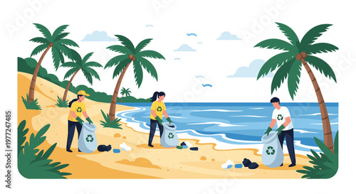 Group of volunteers cleaning up trash and plastic waste on a tropical beach to protect the environment and ocean life.