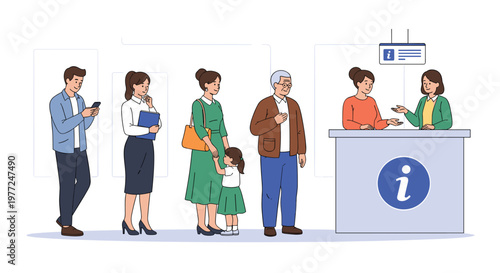 Diverse people including elderly and children standing in a queue at a service information desk to ask questions or receive help.