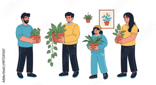 Group of people of different ages holding various indoor potted plants like cactus and vines for home gardening and decoration.