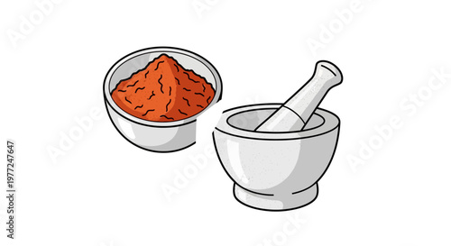Mortar and pestle with spice powder.