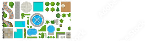 Aerial view of various garden and pool elements arranged on white