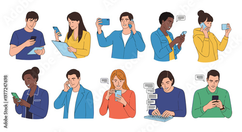 Collection of ten diverse people using various digital devices including smartphones tablets and laptops for work and social communication.