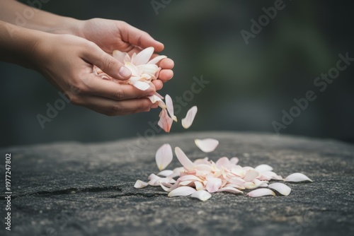 Hands gently releasing pink flower petals onto a stone surface, symbolizing delicacy and nature's beauty. Ideal for themes of tranquility, nature, and mindfulness. Generative AI.