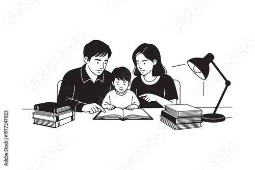 Parents Teaching Children Learning Together Illustration, Home Education Family Concept Suitable for School Promotion, Parenting Blog and Study Campaign
