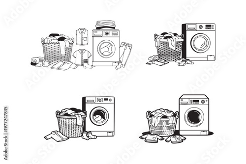 Laundry Room Appliances and Washing Machine Set Line Art Illustration, Household Cleaning Concept Suitable for Home Service, Cleaning Business and Utility Design