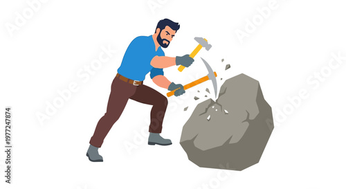 Cartoon man vigorously breaking a large rock with a pickaxe