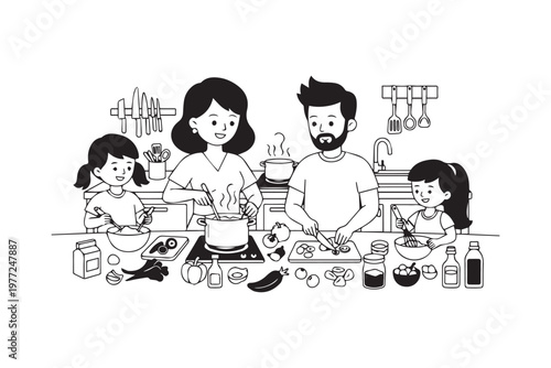 Happy Family Cooking Together in Kitchen Line Art Illustration, Home Activity Lifestyle Concept Suitable for Parenting Blog, Recipe Content and Family Campaign