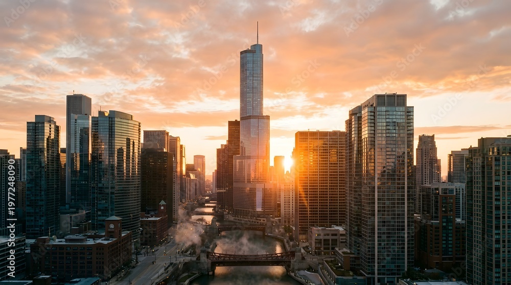Obraz premium A vibrant urban cityscape bathed in the warm golden light of a sunset with towering skyscrapers reflecting the sky and a river winding through the