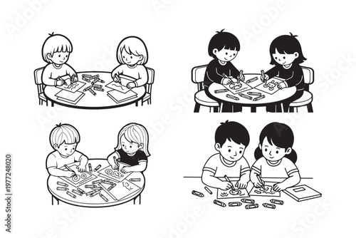Children Drawing and Coloring Together at Table Line Art Illustration, Creative Learning Activity Suitable for Kids Education Content, School Material and Parenting Design