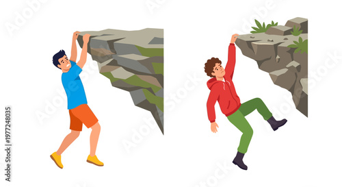 Two young men are shown rock climbing on a grey stone cliff