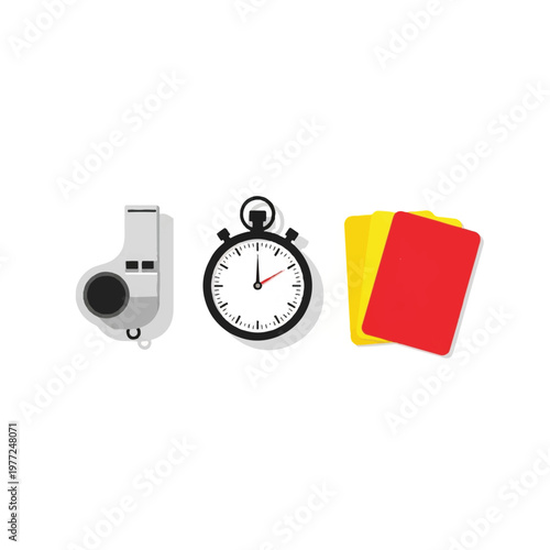 Minimalist flat lay of a referee's whistle, a stopwatch, and yellow and red cards, perfectly aligned on a white surface, professional officiating preparation, flat vector illustration, solid