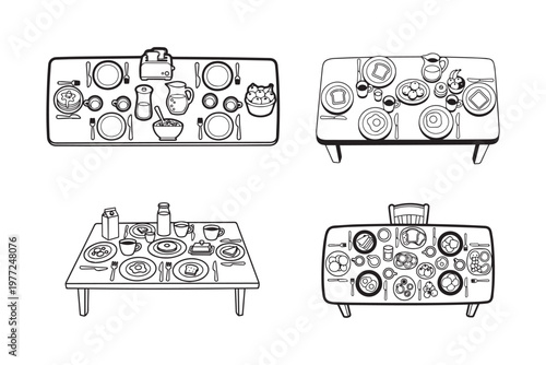 Dining Table Top View with Variety of Food Dishes Line Art Illustration, Meal and Culinary Concept Suitable for Restaurant Menu, Food Blog and Kitchen Design