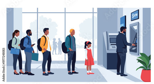 Diverse group of people standing in a queue to use an automated teller machine inside a modern financial building.