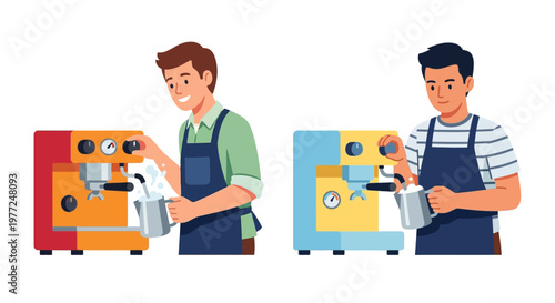 Two baristas preparing coffee with espresso machines in a colorful setting