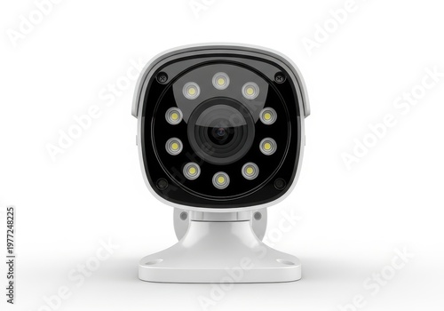A black and white security camera on a white stand