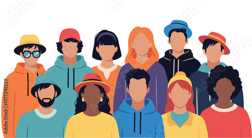 Large group of diverse stylish young adults wearing colorful hoodies and fashionable hats in a modern layout for a collective portrait.