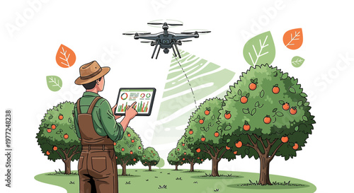 Agricultural drone in the orchard assisting farmer with tablet for precision farming and crop