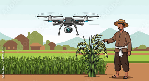 Agricultural drone monitoring rice fields with farmer offering guidance for optimized growth