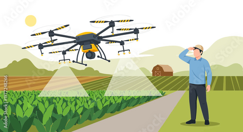 Agricultural drone spraying crops in a rural landscape with a farmer observing the operation and