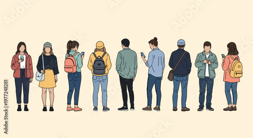 Row of diverse young people standing and using their smartphones while shown from various different perspectives.