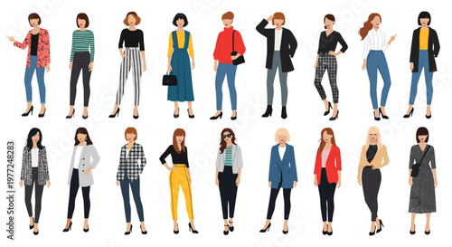 Extensive collection of female characters showcasing a wide variety of fashionable and stylish clothing outfits.