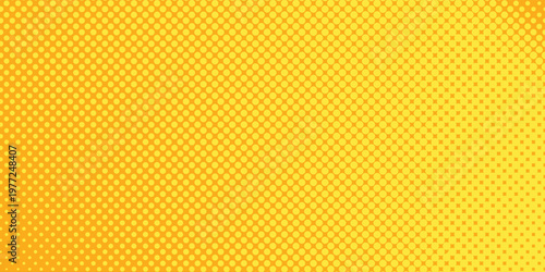 Yellow orange halftone pattern. Retro comic gradient background. Square pixilated dot cartoon texture. Pop art faded gradient pattern. Vector backdrop.
