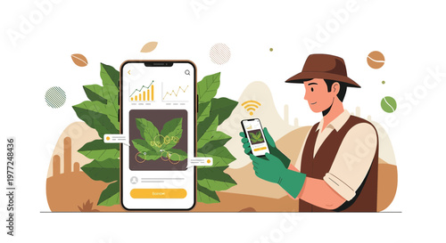 Agricultural Tech: Farmer Using a Smartphone to Monitor Crop Health with Data Analysis Displayed