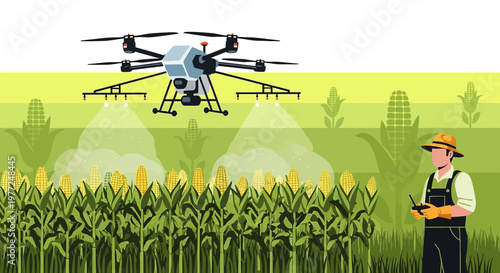 Agricultural innovation illustration, drone in cornfield enhancing crop spraying efficiency and