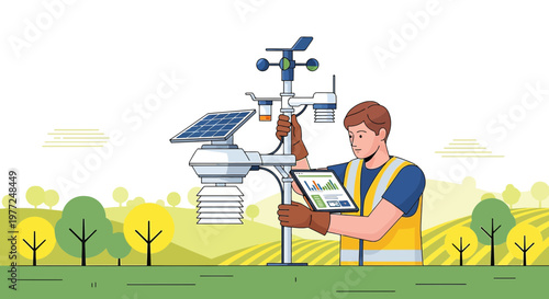 Agricultural technician analyzing weather data from an automated weather station in the field