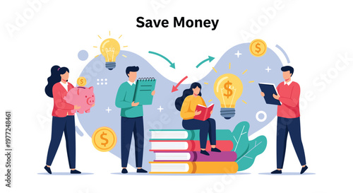 Team of people collaborating with financial symbols, piggy banks, and books to illustrate the concept of saving money.