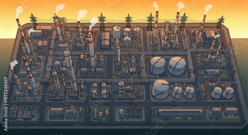 Isometric Oil Refinery Complex Illustration with Flames and Structures.