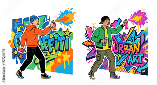 Two young men spray painting colorful graffiti art on vibrant backgrounds