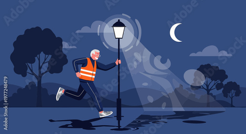 Active senior citizen embraces the night with a run beneath the moonlight and lamplight