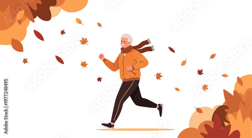 Active senior enjoying an autumnal run amidst colorful falling leaves illustration