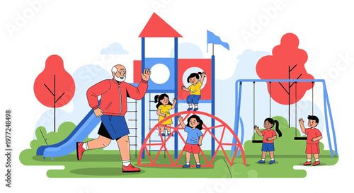 Active grandfather enjoying playful time with children at the playground illustration