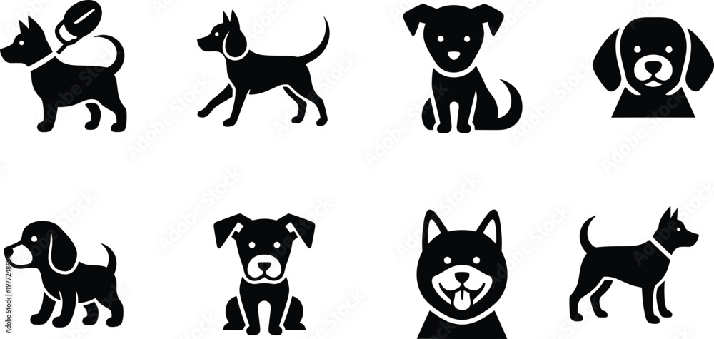 Obraz premium Black silhouette dog icons vector illustration set with multiple poses, pet animal symbols for design, logo, decoration, graphic art