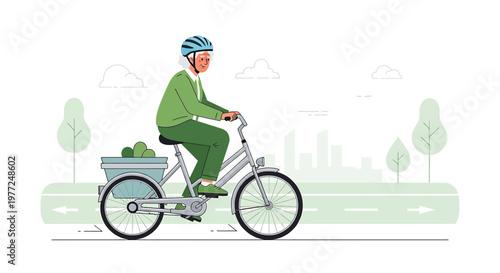 Active senior woman riding tricycle with produce in basket showcasing healthy lifestyle choices